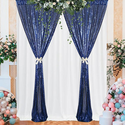 ShinyBeauty Navy Blue Sequin Backdrop 4x10ft (4 Panels) - Christmas Party Photo Booth, Winter Wedding Decor, Sparkle Curtain
