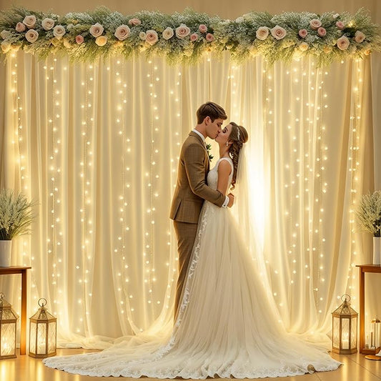 10ft x 10ft Champagne Sheer Tulle Backdrop Curtains with Lights String Wedding Backdrop for Reception Ceremony Birthday Party Baby Shower Photo Booth Background Decoration