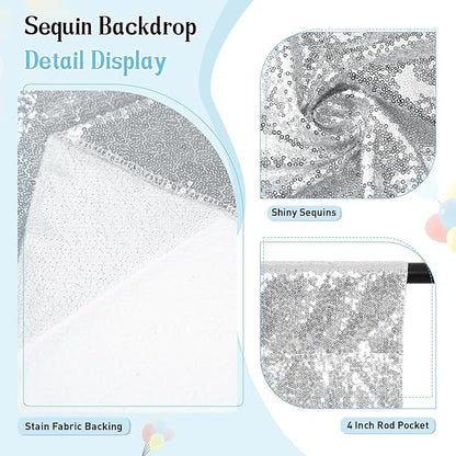 SquarePie Sequin Backdrop Not See Through Thick Background Glitter Curtain Party 20FT x 10FT Silver