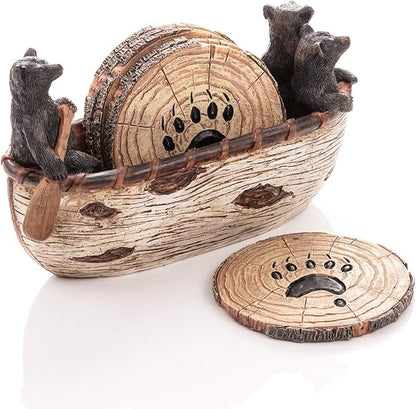 Bear Coasters Set of 6 Full Size Rustic Coasters in Handmade Canoe with Adorable Black Bear Figurines | Black Bear Log Cabin Decorations, Rustic Lodge Decor for The Home