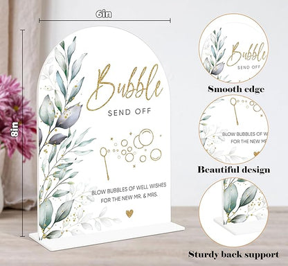 Acrylic Wedding Signs, Greenery Theme Bubbles Send Off Sign, Wedding Reception Signage, Bridal Shower Table Decor with Stand, Engagement, Anniversary, Newlywed Events and Parties Supplies, 14