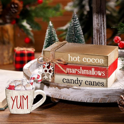 4 Pcs Christmas Table Decorations Winter Snowflake Tiered Tray Decorations Decorative Mini Wooden Books Subject Signs Block Centerpiece for Office Tabletop Shelf Housewarming Gifts