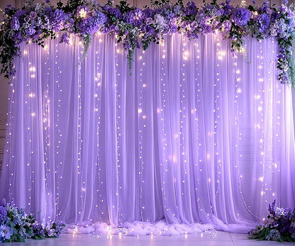 Purple Sheer Backdrop Curtains with Lights String for Baby Shower Girls 2 Panels 5×8ft Tulle Backdrop Curtain for Wedding Bridal Shower Elephant Birthday Party Photo Shoot Background Decorations