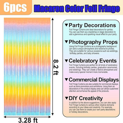 6 Pack Rainbow Foil Fringe Curtain Backdrop, 3.28Ft x 8.2Ft Metallic Tinsel Foil Fringe Streamer Curtains for Photo Booth, Birthday, Wedding, New Year Party Decorations
