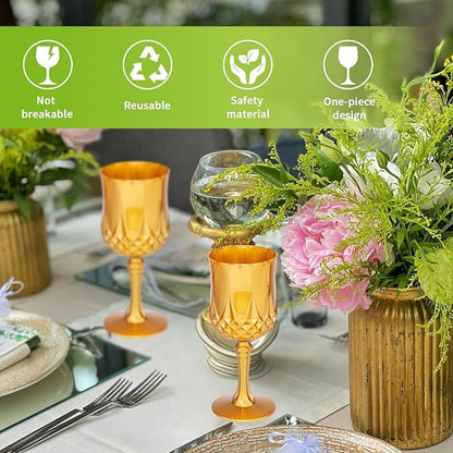 JLYLOL Plastic Vintage Wine Glasses 7OZ Plastic Goblets Vintage Drinking Glasses 24PCS Retro Wedding Glassware Water Goblets Reusable Drinking Cups for Party,Reception,Celebration,Bar,Whiskey(Amber)