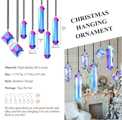 Crystal Prisms Ornament for Christmas Tree, 7 Pack Icicle Ornaments A/B Color Ornaments, Crystal Prism Suncatcher for Window Hanging for Women