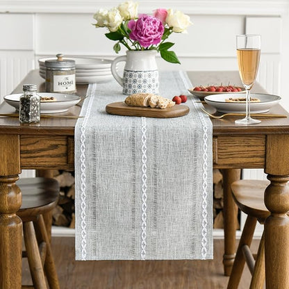 Artoid Mode Grey Rustic Cotton Linen Table Runner, Seasonal Embroidered Hollow Kitchen Dining Table Decoration for Home Party Decor 13x72 Inch