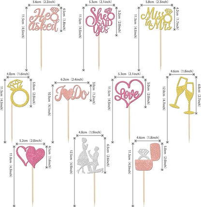 30 PCS He Asked She Said Yes Cupcake Toppers Glitter Miss to Mrs I Do Love Heart Ring Cupcake Picks Wedding Engagement Cake Decorations for Wedding Engagement Bridal Shower Party Supplies Colorful