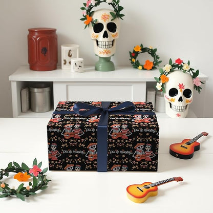 LeZakaa Day of the Dead Wrapping Paper Roll, Skulls, Día de Muertos Skeleton Couple Playing Guitar Design, for Party Celebrations, Romance, Mini Roll 17 in x 16.4 Ft