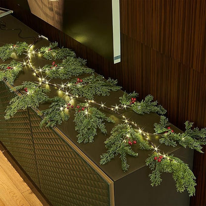 Birchlitland Christmas Garland with Lights Cadar Lighted Garland Battery Operated with Timer or USB Light 6FT 80 LED Fairy Lights, Faux Vine with Lights for Mantel Fireplace and Holiday Decor