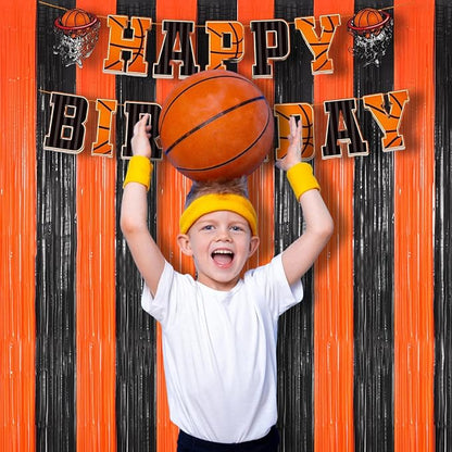 BRAVESHINE Tinsel Photo Backdrop Curtains - 2 Pack 3.2x8.2ft Black Orange Foil Fringe Streamer Curtain for Birthdays, Halloweens, Basketball, Pumpkins, Home, Indoor or Outdoor Party Decorations