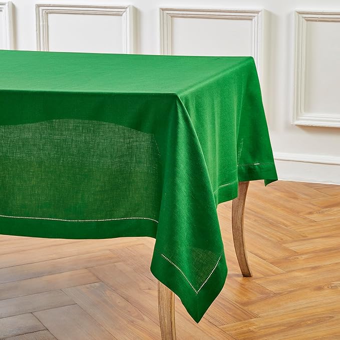 Solino Home Garden Green Linen Tablecloth 60 x 90 Inch - 100% Pure Linen Hemstitch Table Cloth for Rectangle Tables - Classic Hemstitch, Machine Washable Tablecloth for Christmas