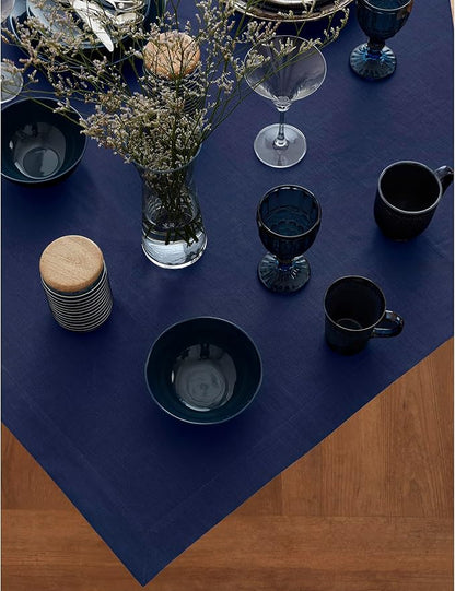 Solino Home Navy Blue Linen Tablecloth 52 x 52 Inch - 100% Pure Linen Square Table Throw - Fete, Machine Washable Table Cloth for Fall, Autumn, Thanksgiving, Christmas, Holiday