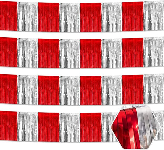 4 Pack 10 Feet Red Silver Foil Fringe Garland Metallic Tinsel Streamers Banner Wall Hanging Curtain Backdrop for Parade Floats, Wedding, Graduate, Mother's Day, Birthday Party Decoration