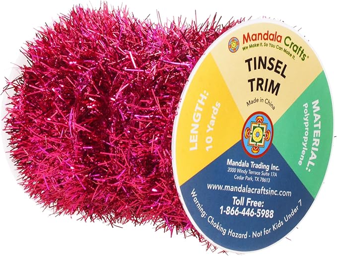 Mandala Crafts Hot Pink Tinsel Garland - Thin Metallic Foil Glitter Mini Garland for Christmas Tree, Party, Wedding Decor, and Holiday Decorations
