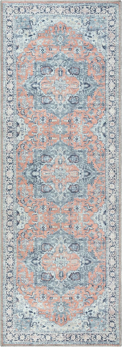 Bloom Rugs Washable Non-Slip 7 ft Runner - Coral/Blue Traditional Medallion Runner for Entryway, Hallway, Bathroom, and Kitchen - Exact Size: 2.5' x 7'