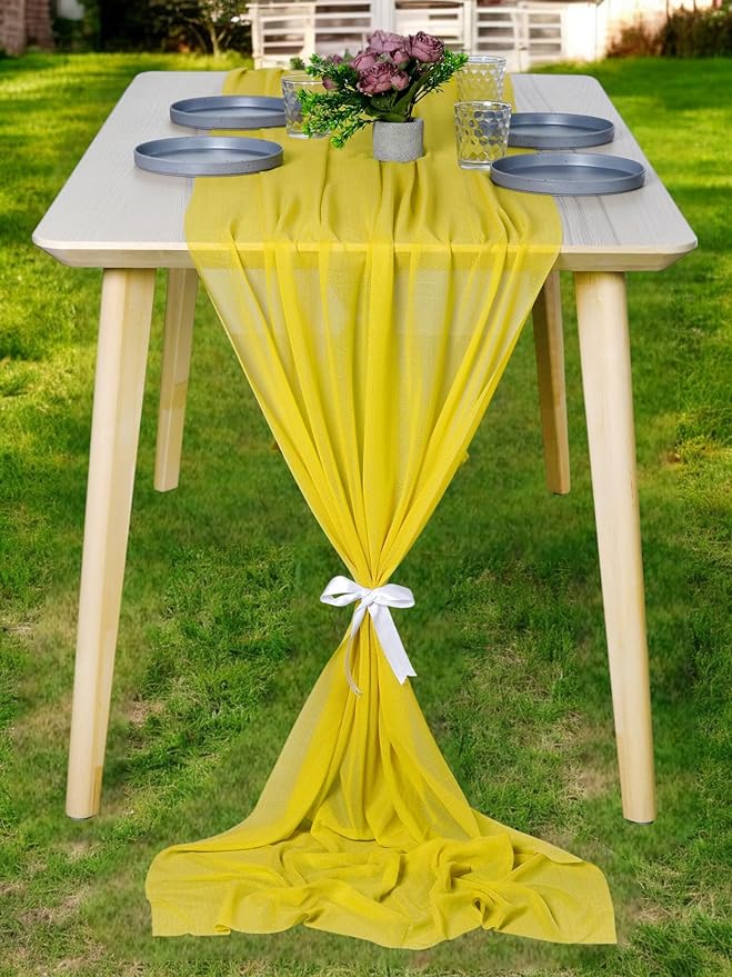 MDS Halloween Chiffon Table Runner - 12 Pack, 29 x 170 Inches, 14ft Each - Sheer Spooky Table Runners for Haunted House Parties, Trick-or-Treat Tables, Witchy Décor, Wedding & Events - Yellow