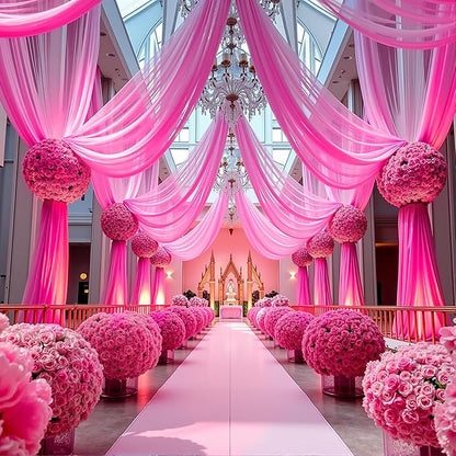 Wedding Arch Draping Fabric,1 Panel 18FT Hot Pink Sheer Chiffon Curtain Drapes 6 Yards for Wedding Ceremony Birthday Party Decoration