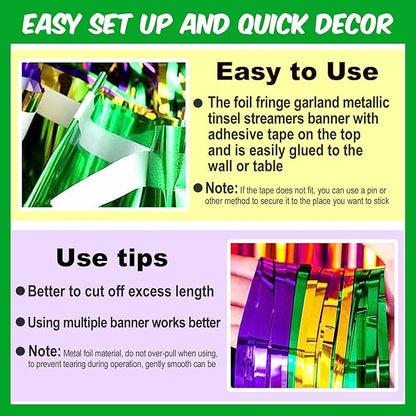 6 Pack 10 Ft Gold Green Purple Foil Fringe Garland Metallic Streamers Tinsel Banner Wall Hanging Garland Backdrop for Parade Floats, Halloween, Christmas, Thanksgiving, New Year Party Decorations