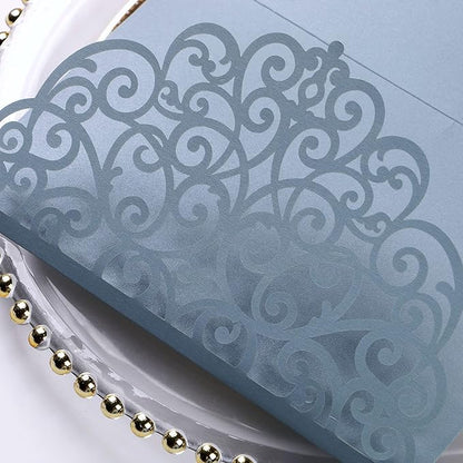 PONATIA 5.12 x 7.2 Dusty Blue Laser Cut Invitation Pocket, 20PCS Tri-Fold 5 x 7 Laser Cut Wedding Invitation Pockets with Envelopes for Wedding Bbay Shower Birthday Sweet 16 Invite (No Inner Sheet)