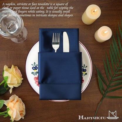 Manyshofu 60 Navy Blue Satin Napkins - 20x20 Inches Square Fabric Napkins Set - Soft & Reusable for Wedding Dinner Party Lunch