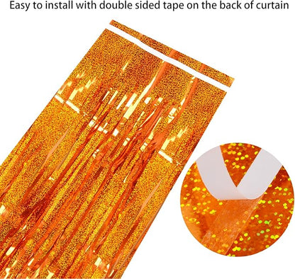 Reusable Foil fringe Curtains Halloween Decor Indoor Party Decorations - Melsan 3 Pack 3.2 x 8.2 ft Tinsel Curtain Party Photo Backdrop for Birthday Party Baby Shower or Graduation Decorations (Orange)