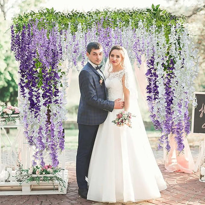 24 Pack Purple Wisteria Hanging Flowers Garland, 3.77 Feet Artificial Flower Vines, Fake Wisteria, Artificial Vines Hanging Garland for Backdrop Outdoor Yard Garden Decor