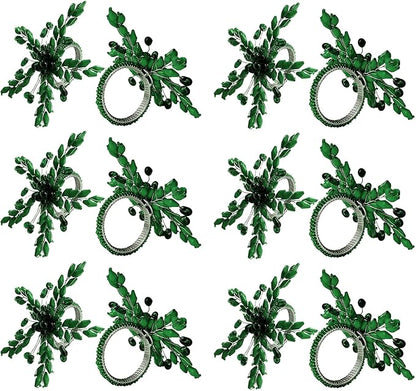 Napkin Rings Set of 12 for Dining Table Decoration Parties Everyday Metal Napkin Holder Leaf Dark Green (Pack of 12)