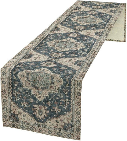 Boho Bohemia Style Table Runner, Vintage Blue Retro Flower Rustic Country Style Floral Print Pattern for Home Kitchen Table Decor Dining Coffee Room Garden Party Decor 13x36in