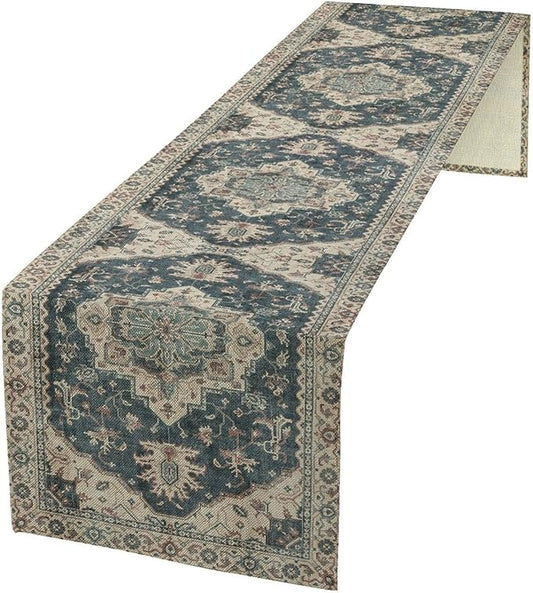 Boho Bohemia Style Table Runner, Vintage Blue Retro Flower Rustic Country Style Floral Print Pattern for Home Kitchen Table Decor Dining Coffee Room Garden Party Decor 13x36in