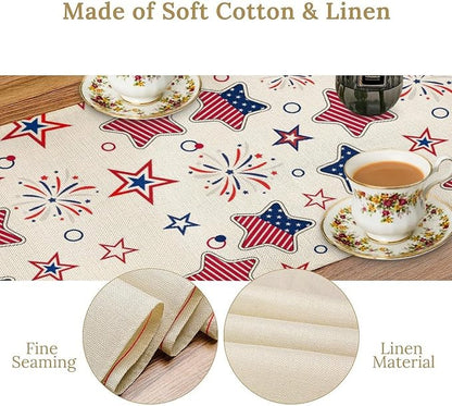 4th of July Table Runner, American Patriotic Independence Day Red Blue White Stars Stripes Fireworks Print Table Runner for Home Party Decor Kitchen Dining Table, 13x60inch