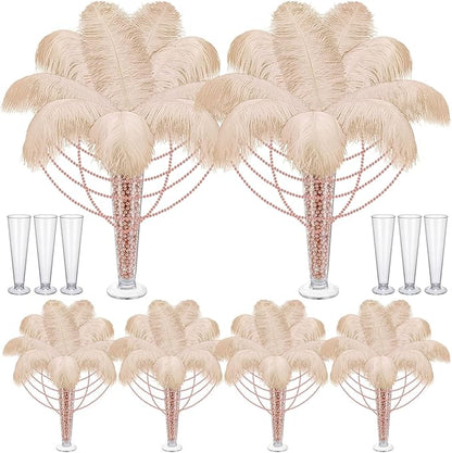 Yuxung 6 Sets Wedding Table Centerpiece Accessories Including 159 Pieces Natural Ostrich Feather Bulk Plastic Vases and Beads Necklaces for Wedding Home Party Centerpiece Supplies(Champagne)