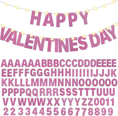TaoBary 112 Pcs DIY Letter Kit Glitter Customizable Banner Letters Include 107 Letters and Numbers 3 Rope and 2 Needles for Birthday Halloween Christmas Wedding Valentine Party Decor(Pink)
