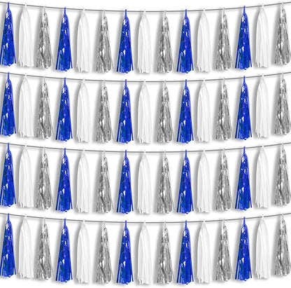 4P Navy-Blue White-Silver Foil Fringe Metallic Tassel Garland Banner, Tassels Banner Streamers for Parade Floats, Bachelorette, Wedding, Birthday, Halloween, Bridal/Baby Shower Party Decorations