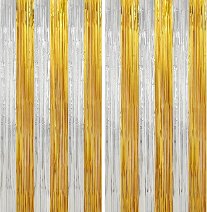 Crosize 2 Pack Foil Fringe Curtains Party Decorations, Gold Tinsel Curtain Backdrop for Parties, Door Streamers, Glitter Streamer Fringe Backdrop for Birthday Decoration (Gold and Silver, 2 Pack)