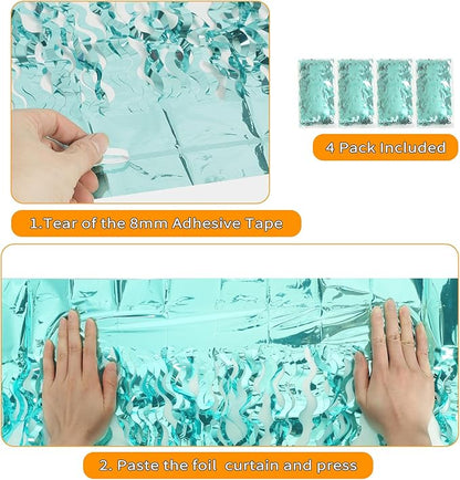 4 Pack 3.3 ft x 6.6 ft Wavy Aqua Teal Blue Tinsel Foil Fringe Curtains Backdrop - Wave Metallic Foil Curtains for Wedding Girl Princess Bachelorette Euphoria Theme Party Decoration