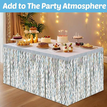 6 Pack 29x108 Inch Silver Wave Foil Fringe Table Skirts Metallic Banner for Tinsel Streamer Garland Backdrop for Parade Floats Mother's, Graduate, Mardi Gras, Birthday, Wedding Party Decorations