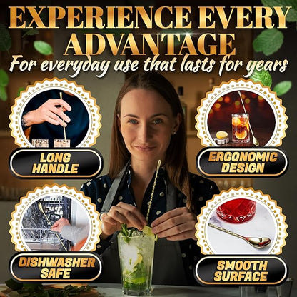 Bar Spoon Set of 4 – Gold Coffee Spoons for Pro and Home Use, Polished Stainless Steel Stirring Spoons with Twisted Spiral Handle - Cocktail Stirrers for Drinks Like Coffee, Smoothie, and Iced Tea