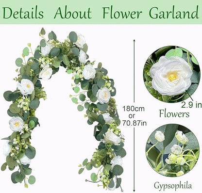 2 Pack 12Ft Artificial Eucalyptus Flower Garland with White Roses, Fake Flowers Greenery Garland Flower Vines for Wedding Party Mantle Table Runner Spring Summer Home Decor (2PCS,White