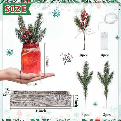 Christmas Mason Jars, Christmas Centerpiece Table Settings, Wood Tray with 3 Painted Jars, Dining Coffee Table Centerpiece, For Kitchen, Living Room, Colorful Mason Jar Decor with Flowers