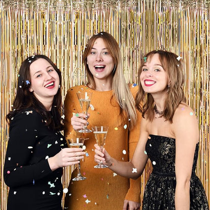 5 Pack Champagne Gold Foil Curtain Backdrop 3.2ft x 9.8ft Metallic Tinsel Foil Fringe Curtains Streamer Photo Booth Backdrop for Birthday Party Engagement Bachelorette Party Decorations