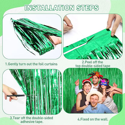 Green Foil Curtain Backdrop, 2Pack Green Metallic Tinsel Foil Fringe Curtains Photo Booth Props for Birthday Wedding Engagement Baby Shower Bachelorette Christmas Celebration Jungle Party Decorations