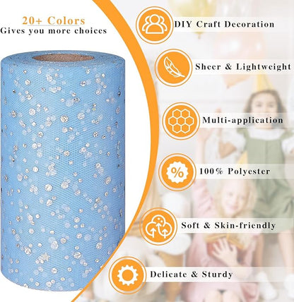 Glitter Tulle Rolls, 6” by 50 Yards (150FT) Sequin Tule Netting Fabric Tulle for Tutu Skirts Sewing Birthday Wedding Party Decoration (Light Blue)