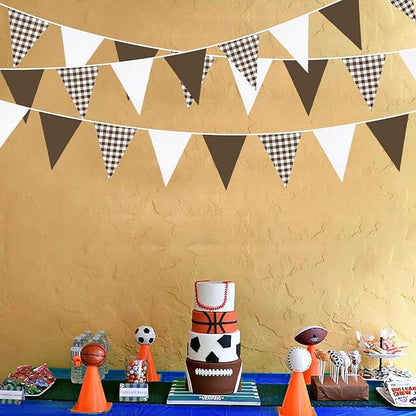 32Ft Coffee Brown Party Decorations Brown Buffalo Plaid Checkered White Triangle Flag Gingham Pennant Bunting Fabric Garland for Woodland Teddy Bear Baby Shower Birthday Home Outdoor Garden Decor