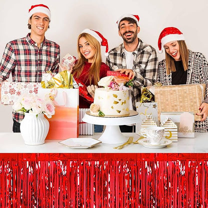 3 Pack 29 x108 Inch Red Foil Fringe Table Skirts Metallic Banner for Tinsel Streamer Garland Backdrop for Parade Floats Mother's Day, Graduate, Birthday, Wedding Party Decoration