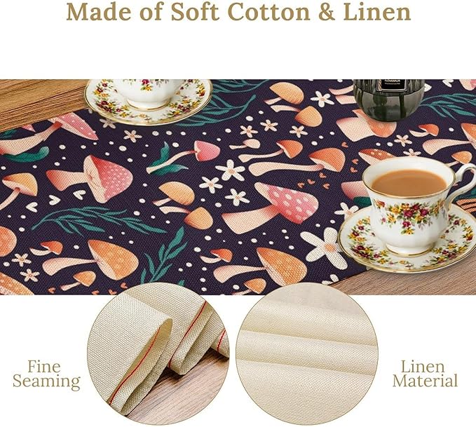 Mushroom Table Runner,Retro Forest Plant Table Cloth Farmhouse Kitchen Dining Table Decoration for Home Party Decor 13x120 Inch