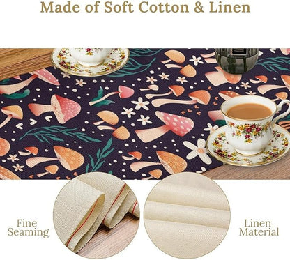 Mushroom Table Runner,Retro Forest Plant Table Cloth Farmhouse Kitchen Dining Table Decoration for Home Party Decor 13x120 Inch
