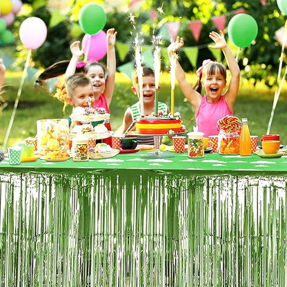 4 Pack 29x108 Inch Metallic Foil Fringe Tinsel Table Skirts for Rectangle Tables Streamer Backdrop for Wedding, Birthday, Parade Floats, Christmas, Halloween Party Decoration(Light Green)
