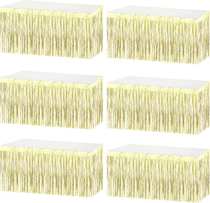 6 Pack 29x108 Inch Metallic Foil Fringe Tinsel Table Skirts Banner for Rectangle Tables Streamer Garland Backdrop for Wedding, Birthday, Parade Floats, Christmas Party Decoration(Light Gold)