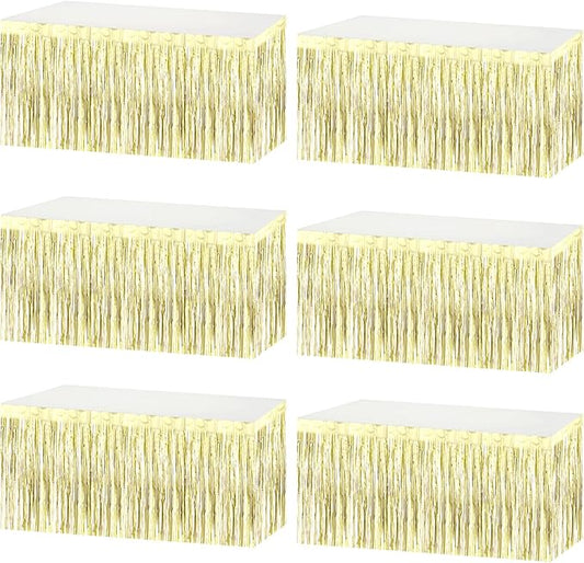 6 Pack 29x108 Inch Metallic Foil Fringe Tinsel Table Skirts Banner for Rectangle Tables Streamer Garland Backdrop for Wedding, Birthday, Parade Floats, Christmas Party Decoration(Light Gold)